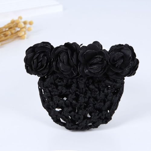 Haarnetz mit Rosenfeder-Clip, gehäkelt, Blumen-Haarspangen, klassischer Sommer-Vintage-Stil, Blumen-Dutt, Damen-Fliege (schwarzes, raues Netz) von Generisch