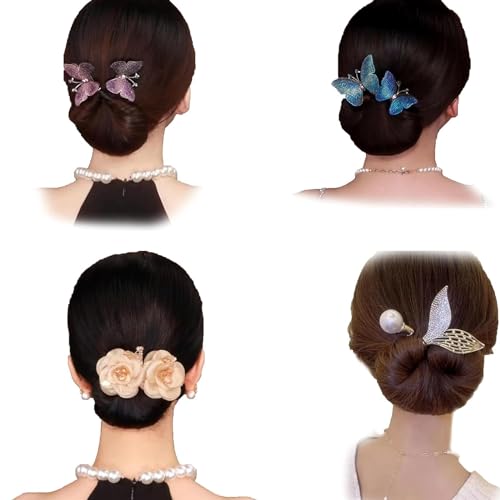 Haarspange mit Strass-Blume, Walschwanz, Strass, Blumen-Haarspange, Haarklammer, Blumen-Haarknotenroller, faule Lockenwickler, elegante Haarspange für Damen, 4 Stück von Generisch