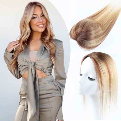Haarteile für Frauen Echthaar Extensions zum Anklipsen Echthaar Topper mit dünner werdendem Haar 8 x 11 cm handgewebte Flächenabdeckung Schweizer Spitze natürliches Haarteil Strähnchen Blond von Generisch