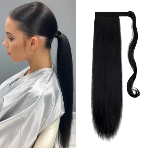 Haarverlängerung, glatt, 61 cm, Hochtemperaturfaser, Design für schwarze Frauen, schwarzes glattes Aussehen, einfach zu installieren, anpassungsfähig für verschiedene Anlässe von Generisch