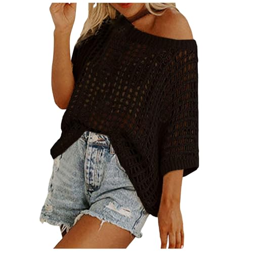Häkelpullover Damen Schulterfrei Häkel Netzoberteil - Oversize T-Shirt Rundhals Pullover Locker Häkeltop Cover Up Kurzarm Mesh Oberteil Lechit lässig Festival Outfit Streetwear von Generisch