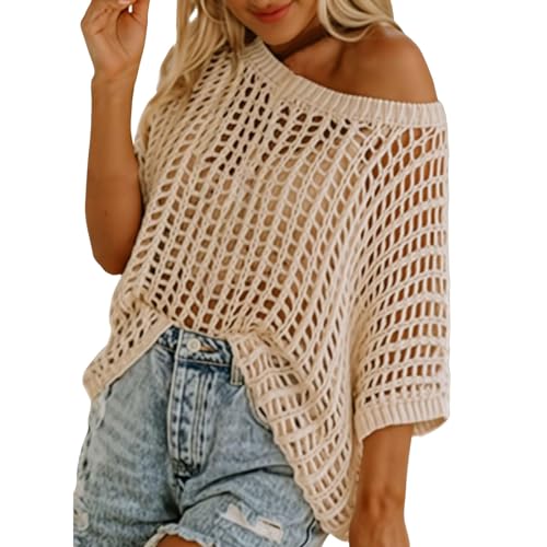 Häkelpullover Damen Schulterfrei Häkel Netzoberteil - Oversize T-Shirt Rundhals Pullover Locker Häkeltop Cover Up Kurzarm Mesh Oberteil Lechit lässig Festival Outfit Streetwear von Generisch