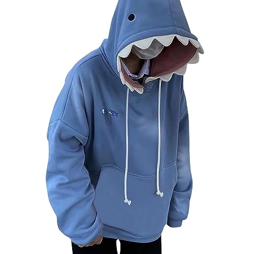 Hai Hoodie Herren Kapuzenpullover Fleece Warme Sweatshirt mit Kawaii Tier Hai Form Kapuze Unisex Einfarbig Langarmshirt Lässig Oberteile für Fallen Winter (Blue, L) von Generisch