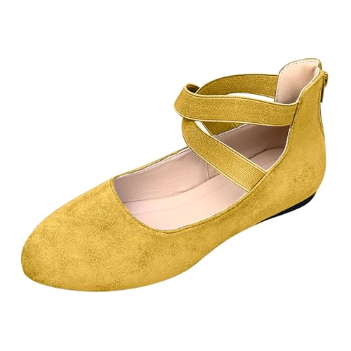 Halbschuhe Damen Ballerina Frühling Spitzenschuhe Ballett Sommerschuhe Slip On Freizeitschuhe Brautschuhe Bequeme Elegant Flach Atmungsaktive Leichte WalkingSchuhe mit absatz Riemen (Yellow, 37) von Generisch