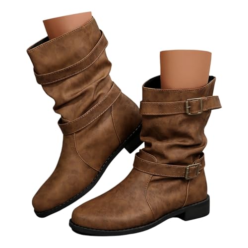 Halbstiefel Damen Winterstiefel mit Schnallen Stilvolle Schlupfstiefel Frauen Slip On Schuhe Damenstiefel Halbhohe Halbstiefel Stiefel Winter Herbst Kurzstiefel von Generisch
