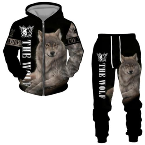 Halloween Gothic Tier Löwe Wolf Herren Reißverschluss Sportswear Hoodie Set 3D Gedruckt Herren Hoodie Langarm Herren Jogging Kleidung Track and Field Bekleidungsset, 15, S von Generisch