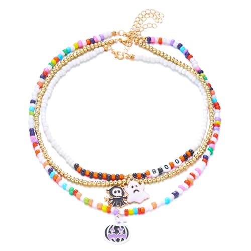 Halloween-Halsketten für Frauen, handgefertigt, Kürbis- und Geisteranhänger, verstellbar, böhmischer Herbstschmuck, 3 Stück von Generisch