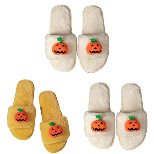 Halloween-Hausschuhe für Damen, flauschige Hausschuhe mit offenem Zehenbereich, Memory-Schaum, flauschiger Kunstfell, weicher Plüsch, gemütlicher Hausschuh, Kürbis-Schlupfschuhe, flauschige von Generisch