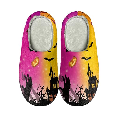 Halloween-Hausschuhe für Damen, niedlicher Geister-Slider, schöne Festival-Slider, Kürbis-bedruckte Slides, gruselige Schloss-Slides, Schlupfschuhe, gruselige Winterpantoffeln, weicher Plüsch, violett von Generisch