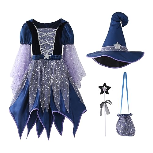 Halloween Hexenkostüm Kinder Hexenkostüm Mädchen Set, Kleid mit Hut, Zauberstab und Bonbontüte, Lila Hexen Kostüm Kinder für Karneval Fasching Cosplay Hexen Zauberer Partyzubehör Set Halloween Kostüm von Generisch