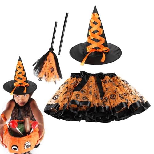 Halloween-Hexenkostüm für Mädchen,Hexenkostüm für Mädchen - Anzieh-Outfit mit Hut und Besen - Hexen-Tutu-Rock, Rollenspiel-Requisiten für Karneval, Maskerade Halloween-Hexenkostüm für Mädchen,Hexenkostüm für Mädchen - Anzieh-Outfit mit Hut und Besen - Hexen-Tutu-Rock, Rollenspiel-Requisiten für Karneval, Maskerade von Generisch
