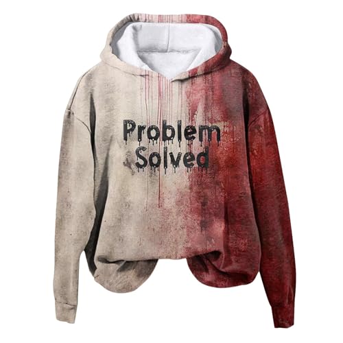 Halloween Hoodie Damen, Hoodie Damen Problem Solved Blood Pullover Sweatshirt mit Kapuze Festival Blutspritzer Muster Kapuzenpullover Pulli Halloween Kostüm Damen Gruselig Hoody Streetwear von Generisch