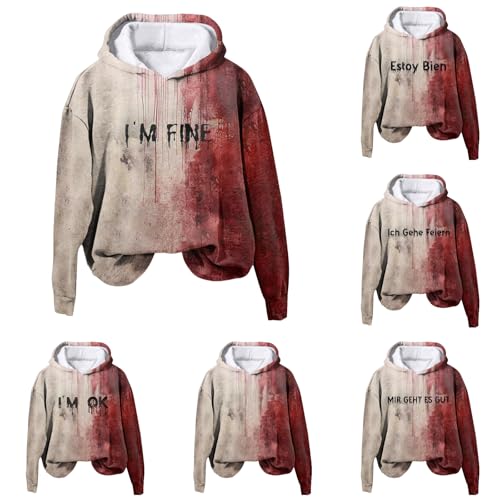 Halloween Hoodie Damen Oversize Blutspritzer Briefe Drucken Sweatshirt Pullover mit Kapuze Festival Horror Blut Kapuzenpullover Halloween Kostüm Damen Gruselig Streetwear Kapuzenpulli von Generisch