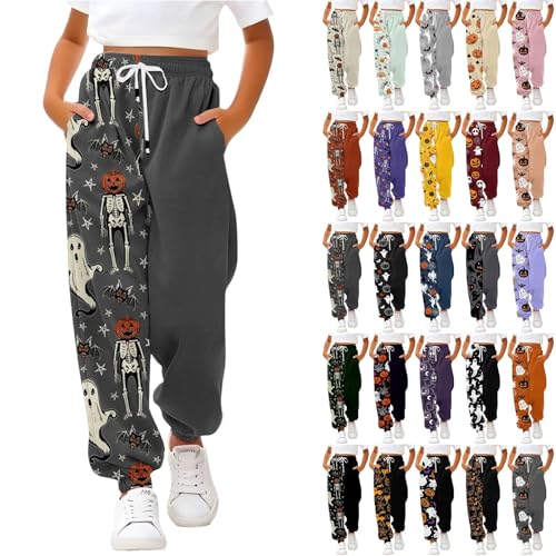 Halloween Jogginghose Kinder Mädchen Jungen Lange Drawstring Sporthose mit Skelett/Geister/Kürbis Muster modische Elastische Taille Sweatpants Bequem High Waist Freizeithose mit Taschen 3-14 Jahre von Generisch