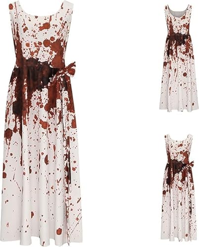 Halloween Kleid Damen Kostüm Damen Gruselig Blutige Zombie Braut Horror Elegant Brautkleid Ärmellos Aufdruck Kleid mit Blutigem Print Mittelalter Wickelkleid Cocktailkleid Party Karneval Kleider von Generisch