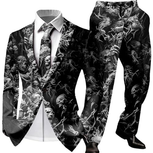 Halloween Kostüm Anzug Herren Totenkopf 2 Teilig Anzüge Stretch Hochzeitsanzug Spinne Karneval Party Hochzeit Skelett Jacke Hose Business Schwarze Katze, Schwarz, XL von Generisch