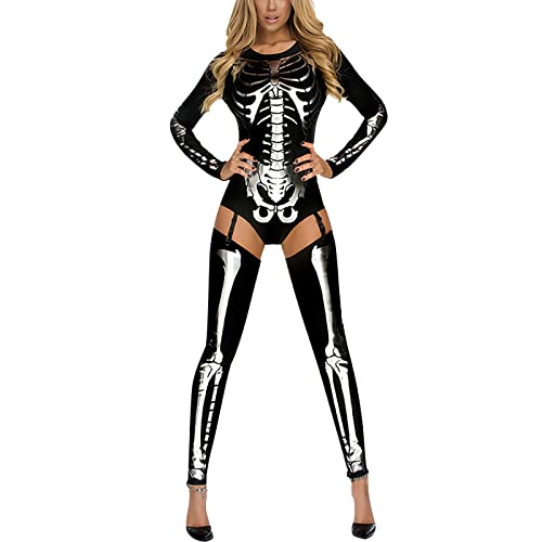 Halloween Kostüm Damen, Halloween Kostüm Damen Skelett Overall Lady Catsuit Skull Skelett Jumpsuit Knochen Langarm Skinny Skeleton Catsuit Cosplay Overall Body Anzug Fasching Karneval Kleidung von Generisch