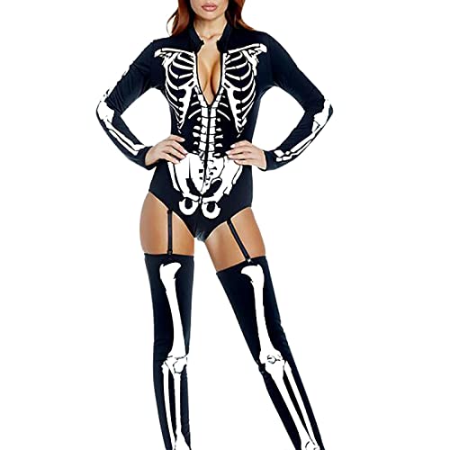Halloween Kostüm Damen, Halloween Kostüm Damen Skelett Overall Lady Catsuit Skull Skelett Jumpsuit Knochen Langarm Skinny Skeleton Catsuit Cosplay Overall Body Anzug Fasching Karneval Kleidung von Generisch