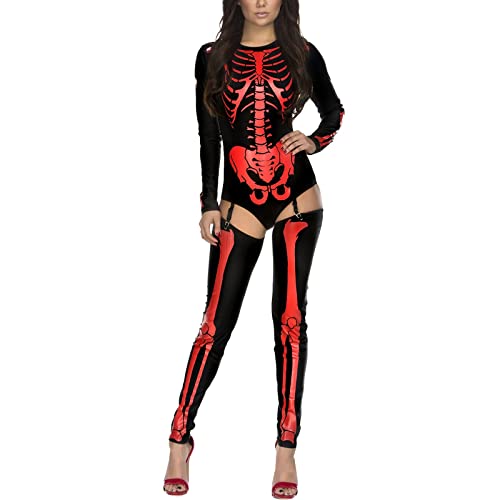 Halloween Kostüm Damen, Halloween Kostüm Damen Skelett Overall Lady Catsuit Skull Skelett Jumpsuit Knochen Langarm Skinny Skeleton Catsuit Cosplay Overall Body Anzug Fasching Karneval Kleidung von Generisch