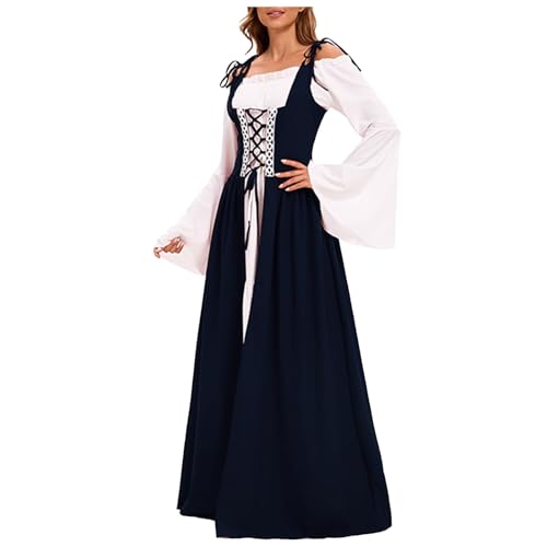 Halloween Kostüm Damen, Mittelalter Kleid Kleidung Damen Schulterfrei Trompetenärmel Farbblock Tunika Renaissance Kleid Gothic Viktorianische Mittelalterliche Ballkleider Festlich Cosplay Maxikleid von Generisch