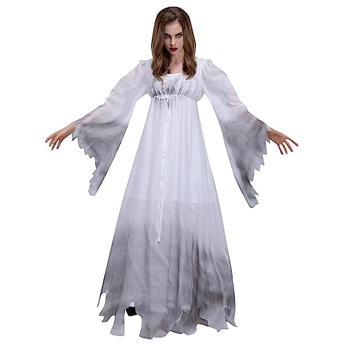 Halloween Kostüm Damen Cosplay Outfits Weißes Geister-Nachthemd Zombie Mittelalter Kleider Faschingskostüme Maxikleider Zombie Braut Vampir Kostüm Damen von Generisch