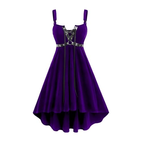 Halloween Kostüm Damen Gothic Trägerkleid Ärmellose V-Ausschnitt Abendkleid mit Schnürung Modisches Einfarbig Cocktailkleid Gesmokte Taille Ballkleid Mittellang Partykleid Mittelalter Kleid von Generisch