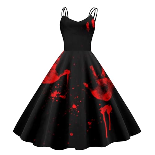 Halloween Kostüm Damen Gruselig Blutige Zombie Braut Horror Elegant Brautkleid Ärmellos Aufdruck Kleid mit Blutigem Print Mittelalter Cocktailkleid Party Karneval Kleider von Generisch