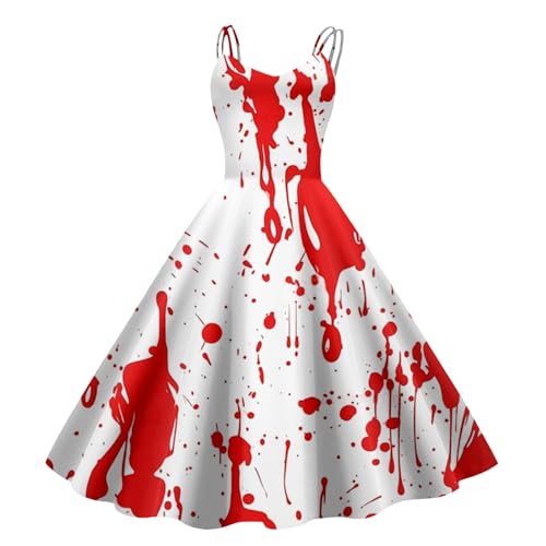 Halloween Kostüm Damen Gruselig Blutige Zombie Braut Horror Elegant Brautkleid Ärmellos Aufdruck Kleid mit Blutigem Print Mittelalter Cocktailkleid Party Karneval Kleider von Generisch