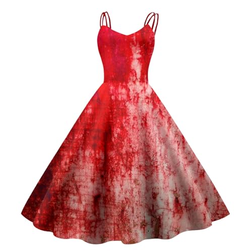 Halloween Kostüm Damen Gruselig Blutige Zombie Braut Horror Elegant Brautkleid Ärmellos Aufdruck Kleid mit Blutigem Print Mittelalter Cocktailkleid Party Karneval Kleider von Generisch
