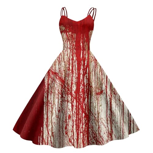 Halloween Kostüm Damen Gruselig Blutige Zombie Braut Horror Elegant Brautkleid Ärmellos Aufdruck Kleid mit Blutigem Print Mittelalter Cocktailkleid Party Karneval Kleider von Generisch