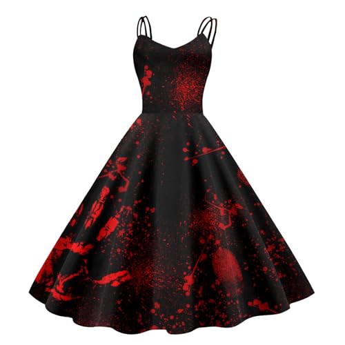 Halloween Kostüm Damen Gruselig Blutige Zombie Braut Horror Elegant Brautkleid Ärmellos Aufdruck Kleid mit Blutigem Print Mittelalter Cocktailkleid Party Karneval Kleider von Generisch