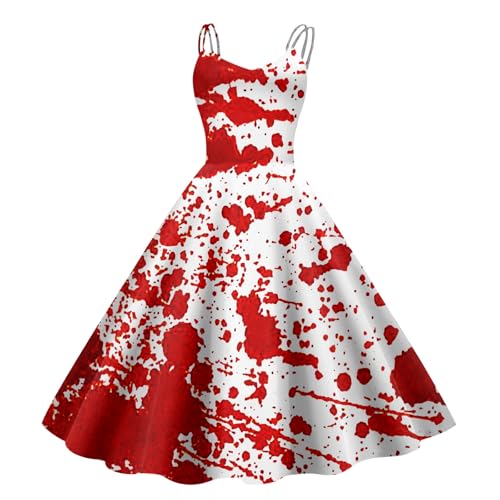Halloween Kostüm Damen Gruselig Blutige Zombie Braut Horror Elegant Brautkleid Ärmellos Aufdruck Kleid mit Blutigem Print Mittelalter Cocktailkleid Party Karneval Kleider von Generisch