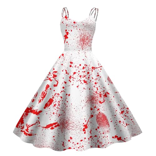 Halloween Kostüm Damen Gruselig Blutige Zombie Braut Horror Elegant Brautkleid Ärmellos Aufdruck Kleid mit Blutigem Print Mittelalter Cocktailkleid Party Karneval Kleider von Generisch