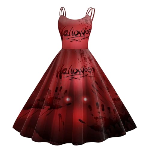 Halloween Kostüm Damen Gruselig Blutige Zombie Braut Horror Elegant Brautkleid Ärmellos Aufdruck Kleid mit Blutigem Print Mittelalter Cocktailkleid Party Karneval Kleider von Generisch