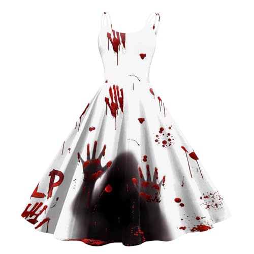 Halloween Kostüm Damen Gruselig Blutige Zombie Braut Horror Elegant Brautkleid Ärmellos Aufdruck Kleid mit Blutigem Print Mittelalter Cocktailkleid Party Karneval Kleider von Generisch