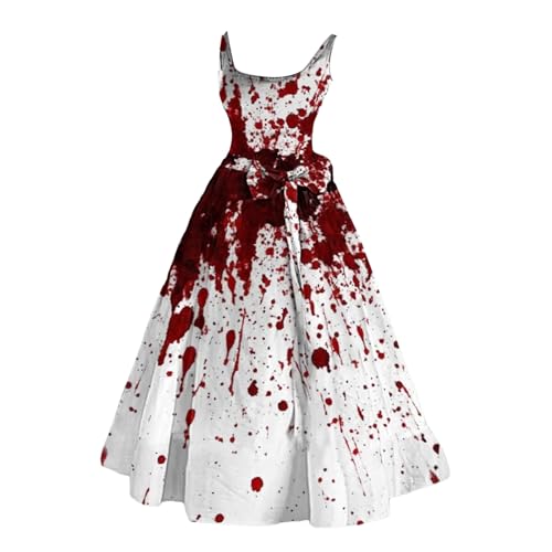 Halloween Kostüm Damen Gruselig Blutige Zombie Braut Horror Elegant Brautkleid Ärmellos Aufdruck Kleid mit Blutigem Print Mittelalter Cocktailkleid Party Karneval Kleider von Generisch