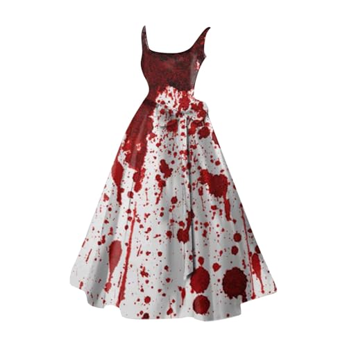 Halloween Kostüm Damen Gruselig Blutige Zombie Braut Horror Elegant Brautkleid Ärmellos Aufdruck Kleid mit Blutigem Print Mittelalter Cocktailkleid Party Karneval Kleider von Generisch