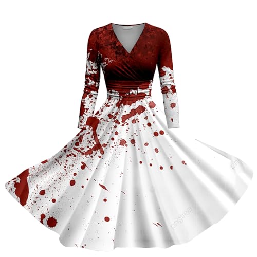 Halloween Kostüm Damen Gruselig Blutige Zombie Braut Kostüm Horror Elegant Brautkleid Ärmellos Aufdruck Halloween Kleid Damen Halloween Kleidung mit blutigem Aufdruck lässig Party Rundhalsausschnitt von Generisch