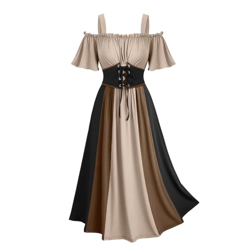 Halloween Kostüm Damen Mesh Partykleid Off Shoulder Trägerkleid Mittelalter Retro Abendkleid Gothic Cocktailkleid Renaissance Ballkleid Kurzarm Schnürung Maxikleid Hohe Taille Viktorianisches Kleid von Generisch