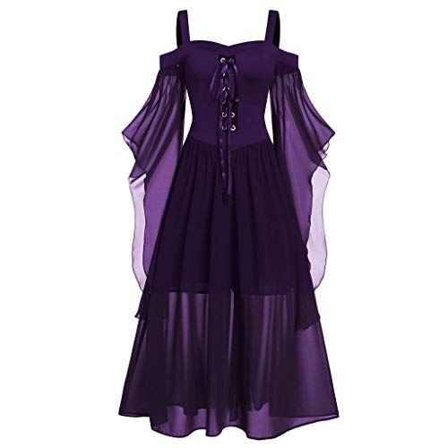 Halloween Kostüm Damen Mittelalter Kleidung Damen Festliches Langarm Fledermaus Kleid Elegant Bodycon Etuikleid Damen Schnüren V-Ausschnitt Rockabilly Kleider Damen Vampir Cosplay Abendkleider von Generisch