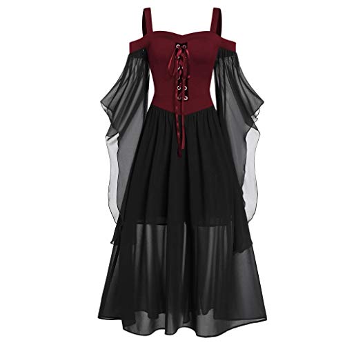 Halloween Kostüm Damen Mittelalter Kleidung Damen Festliches Langarm Fledermaus Kleid Elegant Bodycon Etuikleid Damen Schnüren V-Ausschnitt Rockabilly Kleider Damen Vampir Cosplay Abendkleider von Generisch