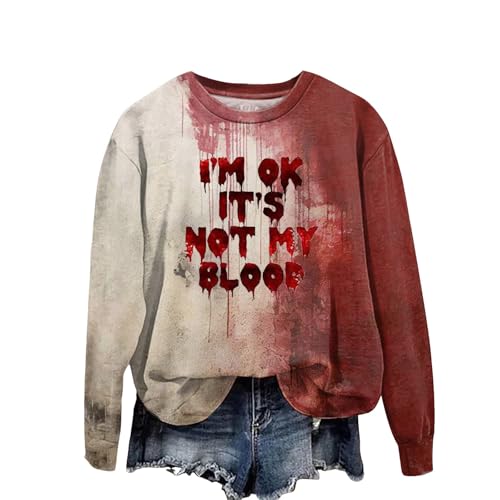Halloween Kostüm Damen Problem Gelöst Halloween Tshirt Damen Langarm I'm FINE Blood Bedrucktes Halloween Pullover Damen Langarm Rundhals Bluse mit Blutigem Aufdruck Oversize Sweatshirt Autumn Clothes von Generisch
