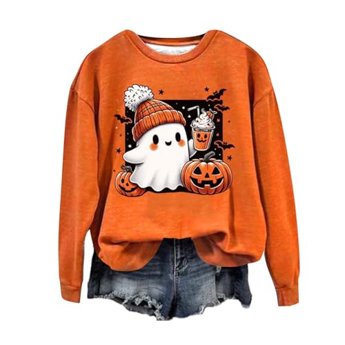 Halloween Kostüm Damen Pullover Langarm Kürbis und Geist Drucken Herbst Baumwolle Rundhals Pulli Ohne Kapuze Karneval Festival Horror Festlich Langarmshirt Locker Oberteil(01#Orange,XXL von Generisch
