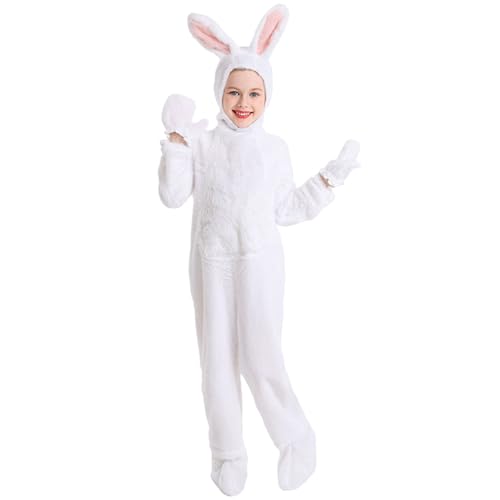 Halloween Kostüm Damen Schlafanzug Pyjama Sets Kinder Jungen Mädchen Cosplay Hase Plüsch Tiere Bühnenkostüm 4-teilig Overall Kopfbedeckung Handschuhe Fußhandschuhe Kleidungsset (White, 9-11 Jahre) von Generisch