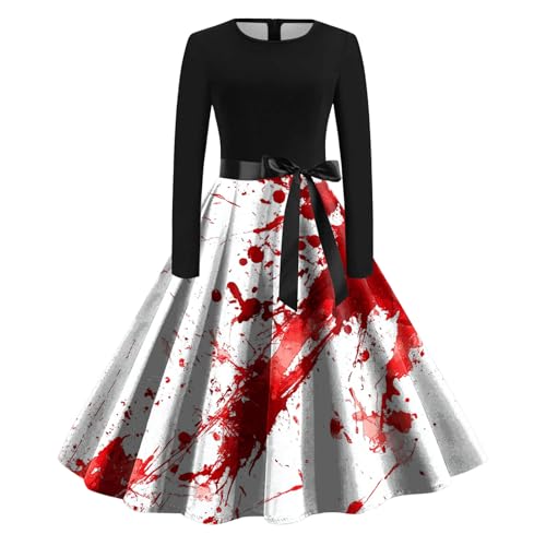 Halloween Kostüm Halloween Kleid Damen Langarm Quadratischer Hals Kürbis Knielang Partykleid Kostüm Cocktailkleid 1950er Festlich Vintage A Linie Rockabilly Kleider Steampunk Abendkleid von Generisch
