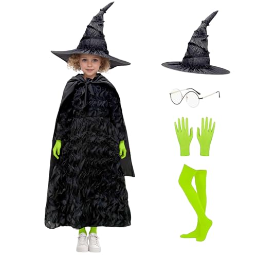 Halloween Kostüm Kinder, Hexenkostüm Kinder Elphaba Hexenkleid mit Hexenhut, Umhang, Brille, Grüne Handschuhe und Strümpfen Halloween Fasching Cosplay Party Outfits Wicked Hexen Bekleidung von Generisch