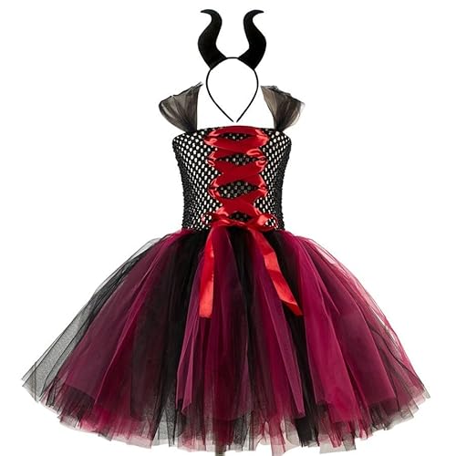 Halloween Kostüm Kinder, Maleficent Kostüm Mädchen Bösartige Hexe Böse Königin Tutu Kleid mit Hörner Haarreif Prinzessin Tüllkleid Halloween Karneval Fasching Verkleidung Cosplay Party Outfits von Generisch