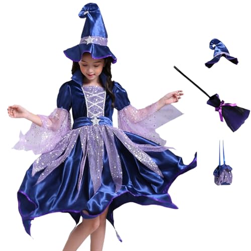 Halloween Kostüm Kinder 110 Hexenkostüm Lila Karneval Cosplay Kostüme Baumwolle Set Kleid Mit Mütze Und Handtasche Besen Verkleidung Mädchen Costume Kids Girls Fasching Outfit Party Karnevalskostüme von Generisch