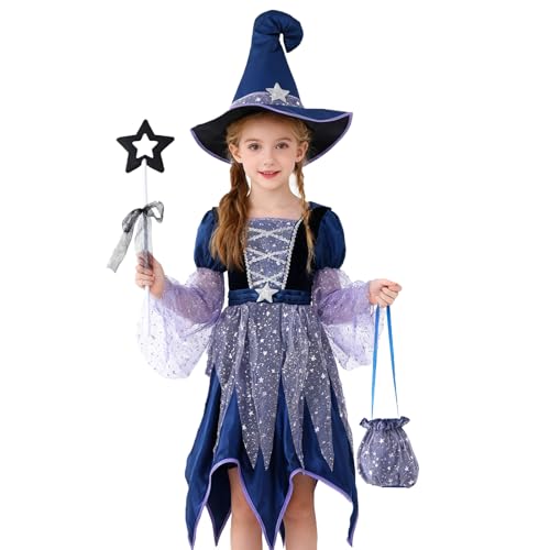 Halloween Kostüm Kinder 158 Hexenkostüm Karneval Cosplay Kostüme Baumwolle Set Kleid Mit Mütze Und Handtasche Verkleidung Mädchen Costume Kids Girls Fasching Festival Outfit Party KarnevalsKostüme von Generisch