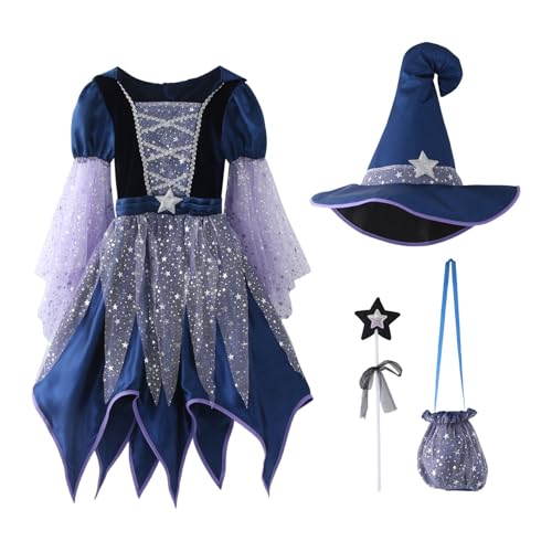 Halloween Kostüm Kinder 170 Hexenkostüm Karneval Cosplay Kostüme Baumwolle Set Kleid Blau Mit Mütze Und Handtasche Verkleidung Mädchen Costume Kids Girls Fasching Festival Outfit KarnevalsKostüme von Generisch